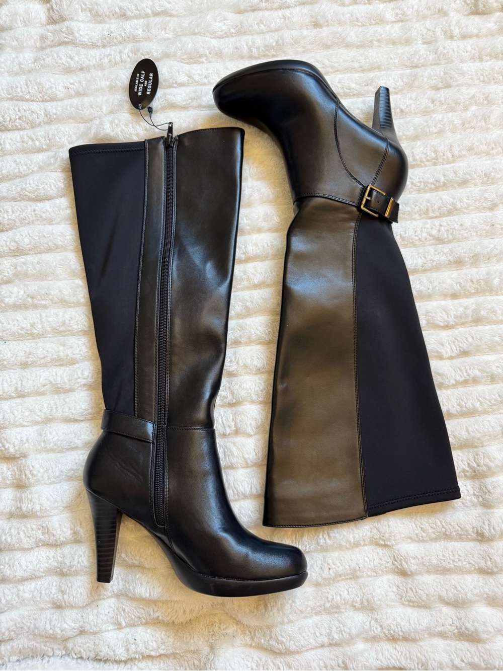 Alfani Black Leather Knee-High Heeled Boots with Buckle